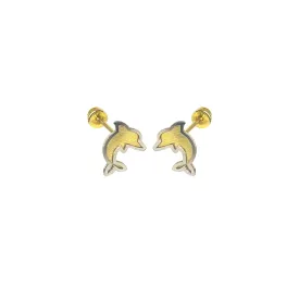 14E00408. - 14 Karat 2 Toned Dolphin Screw Back Earrings