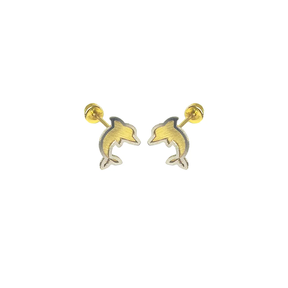 14E00408. - 14 Karat 2 Toned Dolphin Screw Back Earrings