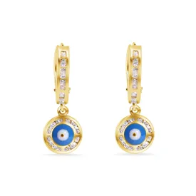 14E00458. - 14 Karat Yellow Gold 12.6mm Hoop Studded Clear CZ Evil Eye Latch Box Earrings