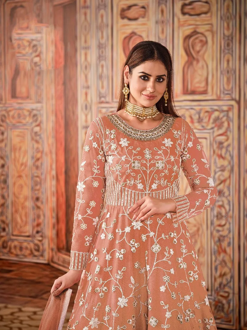 Abaya Style Peach Thread Floor Length Anarkali Suit