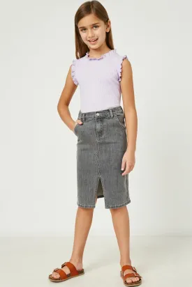 Black Denim Girls Washed Denim Midi Skirt