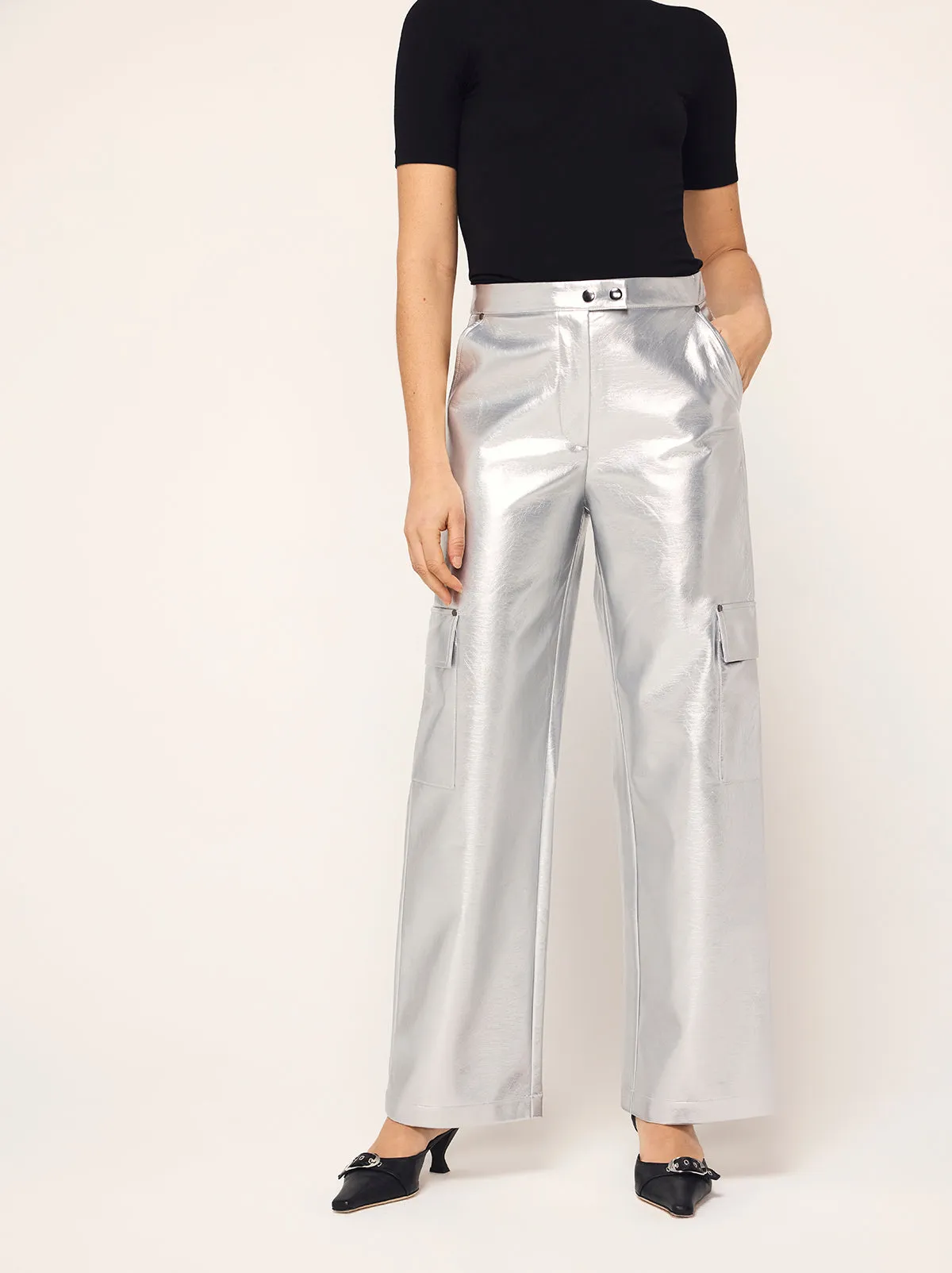 Denise Silver Vinyl Cargo Trousers