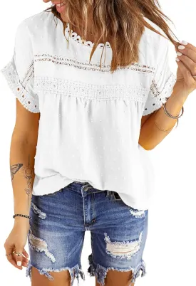 Dokotoo Womens Summer Tops Crewneck Lace Crochet Short Sleeve Shirts Casual Chiffon Blouses