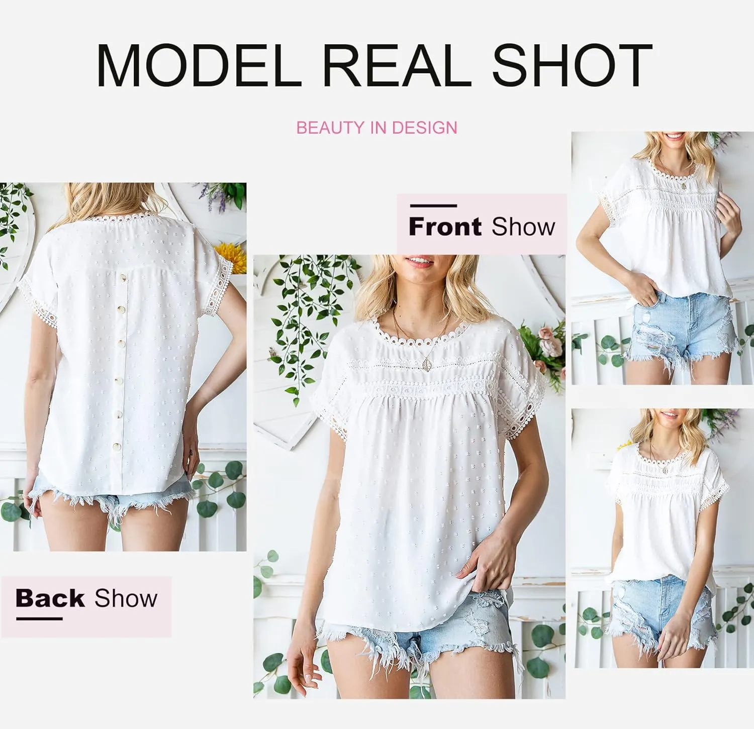 Dokotoo Womens Summer Tops Crewneck Lace Crochet Short Sleeve Shirts Casual Chiffon Blouses