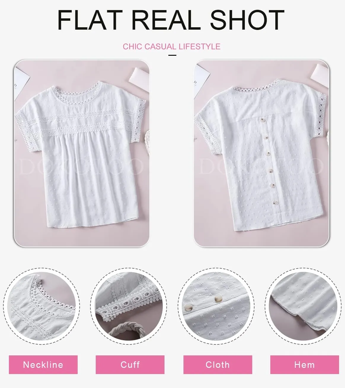 Dokotoo Womens Summer Tops Crewneck Lace Crochet Short Sleeve Shirts Casual Chiffon Blouses