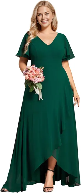 Ever-Pretty Women's Summer V Neck High Low Chiffon Plus Size Curvy Semi Formal Wedding Guest Dresses with Sleeves 1749-DAPH