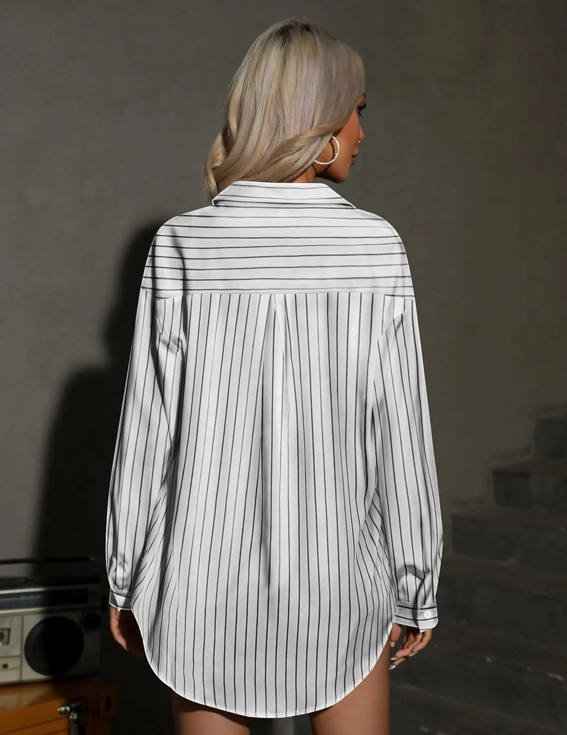 HOTOUCH Women Oversized Button Down Shirts Office Drop Shoulder Blouse Long Sleeve Boyfriend Dress Shirt with Pockets