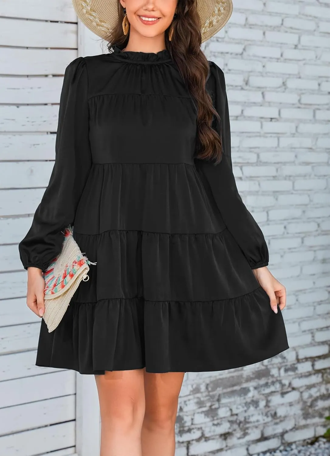 Kormei Women's Long Sleeve Boho Floral Ruffle Mock Neck Tiered Mini Babydoll Casual Swing Tunic Shift Dress