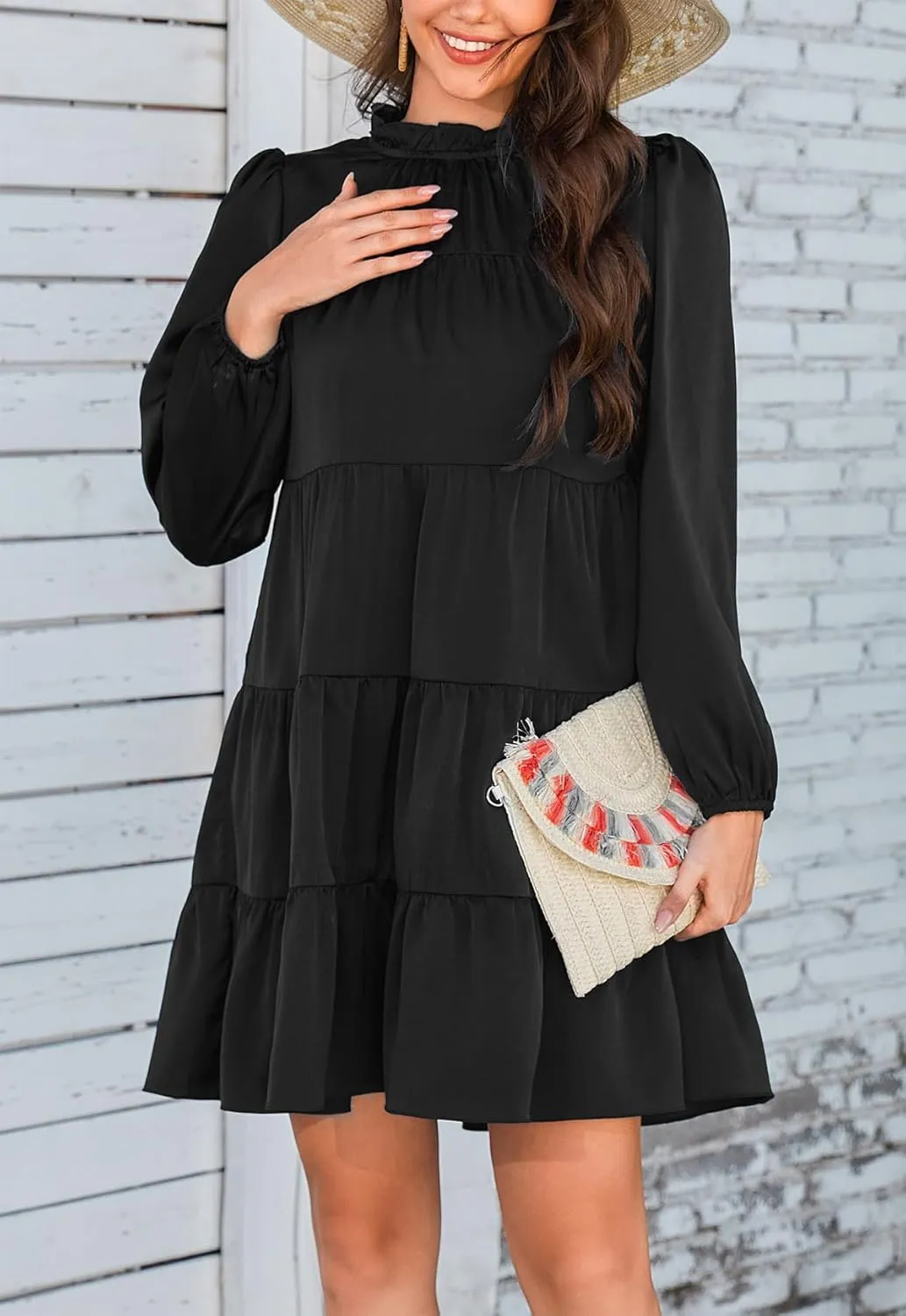 Kormei Women's Long Sleeve Boho Floral Ruffle Mock Neck Tiered Mini Babydoll Casual Swing Tunic Shift Dress