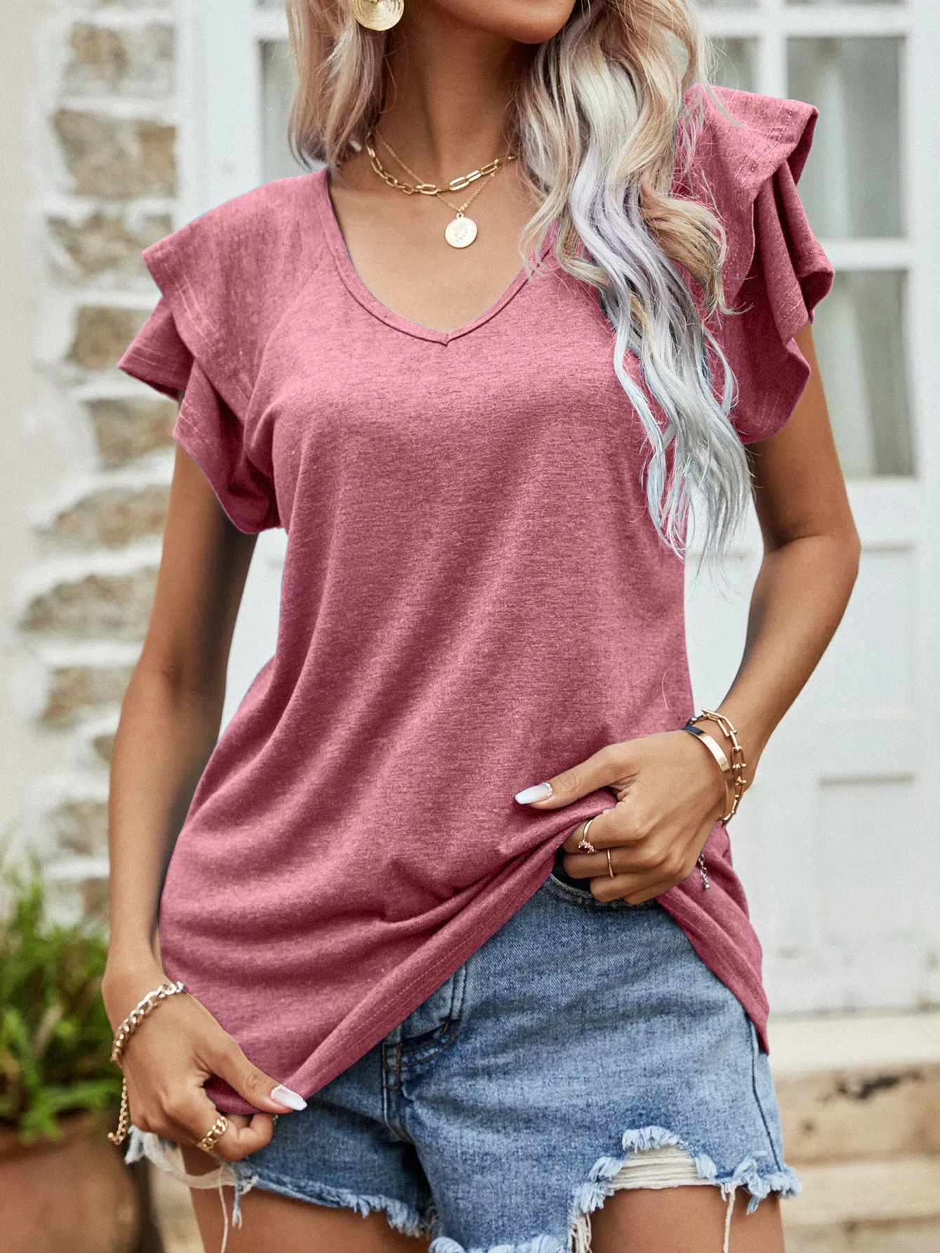 Lanette Layered Flutter Sleeve V-Neck Top - 5 Colors