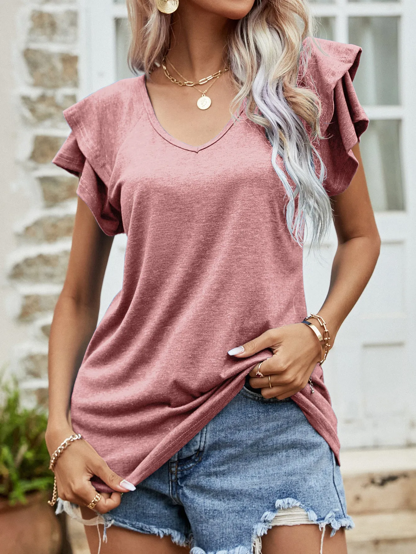 Lanette Layered Flutter Sleeve V-Neck Top - 5 Colors