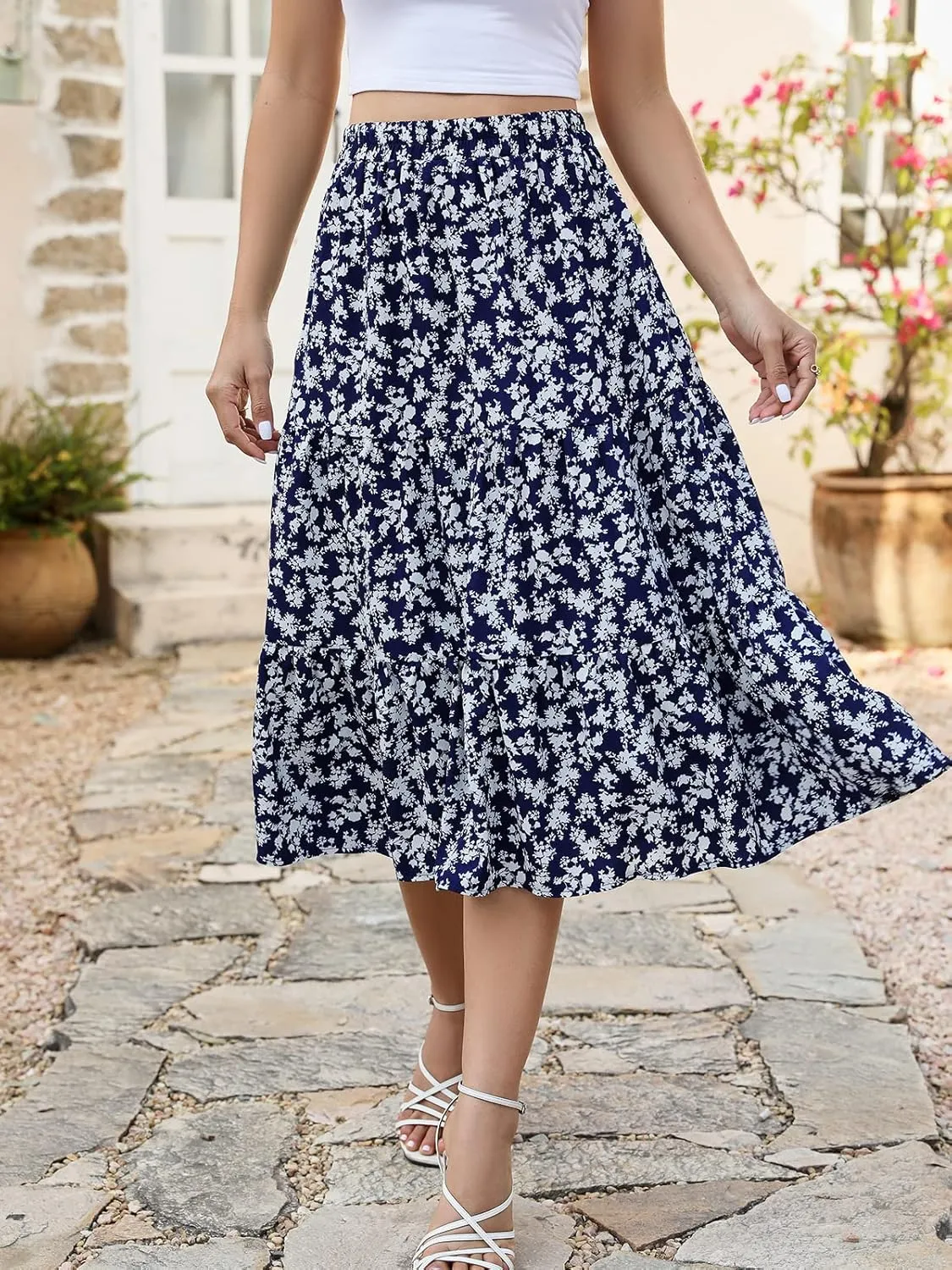 Lyrur Women's Floral Midi Skirt with Pockets High Elastic Waist Flowy Ruffle Casual Summer Boho Aline Skirts