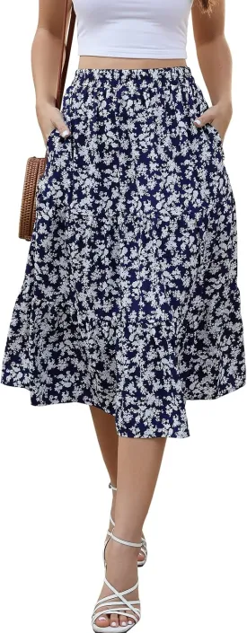Lyrur Women's Floral Midi Skirt with Pockets High Elastic Waist Flowy Ruffle Casual Summer Boho Aline Skirts