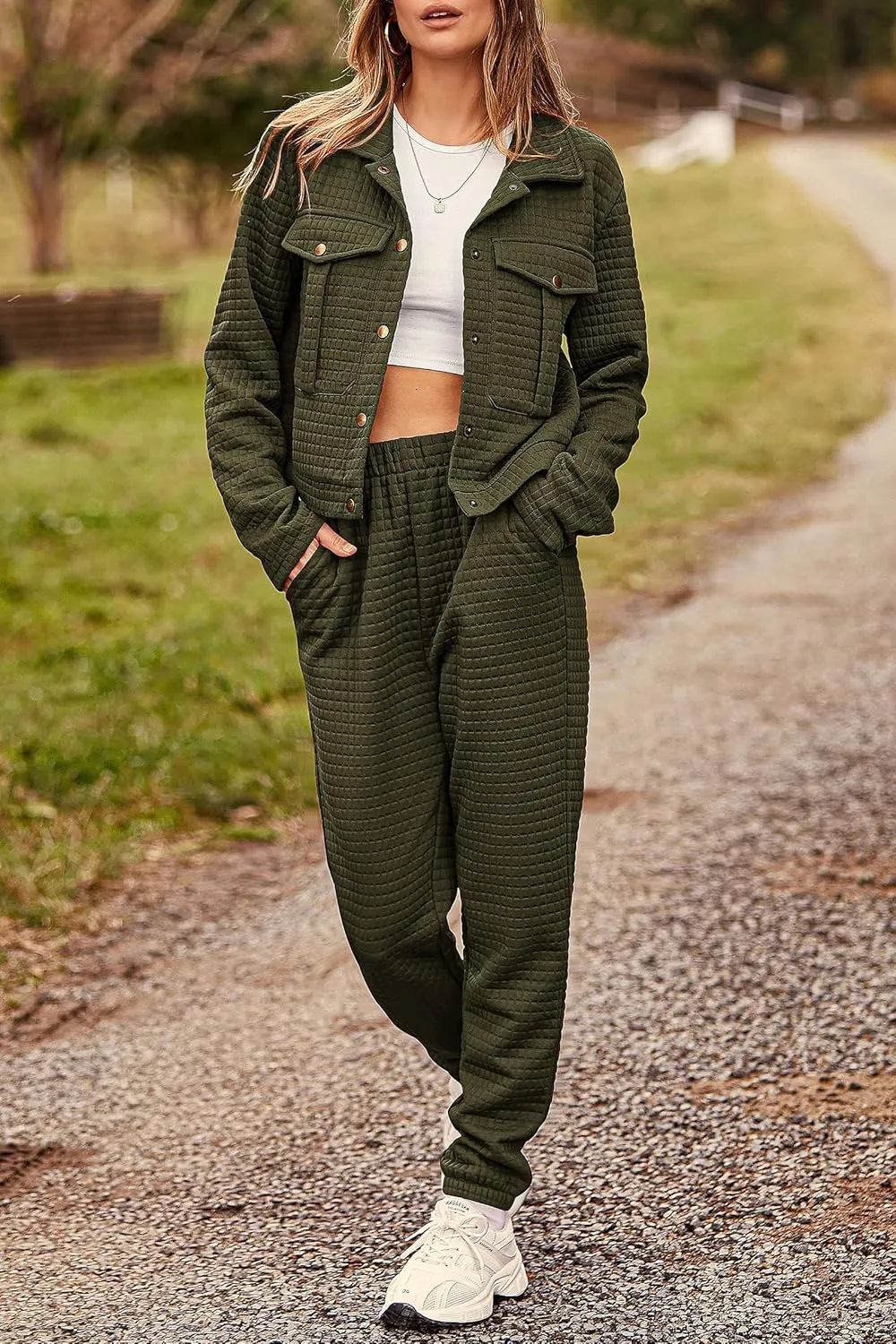 PRETTYGARDEN Womens 2025 Winter 2 Piece Outfit Tracksuit Long Sleeve Button Down Shacket Jacket Pockets Long Pants Casual Set