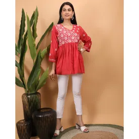 Shwet Women Red Chikankari Angarkha Top