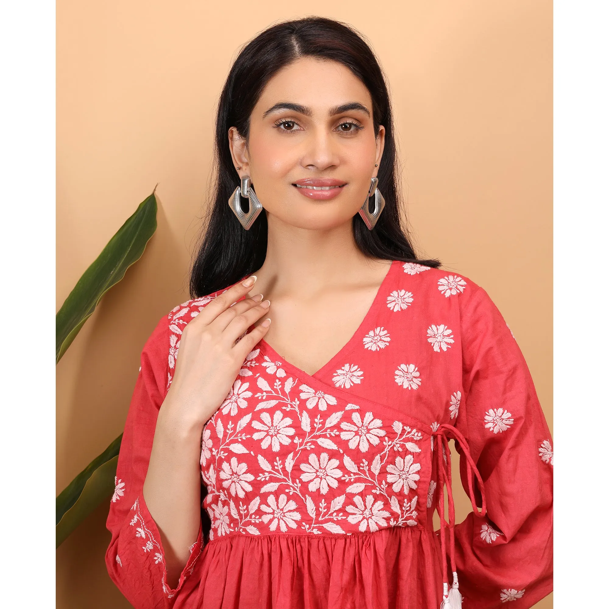Shwet Women Red Chikankari Angarkha Top
