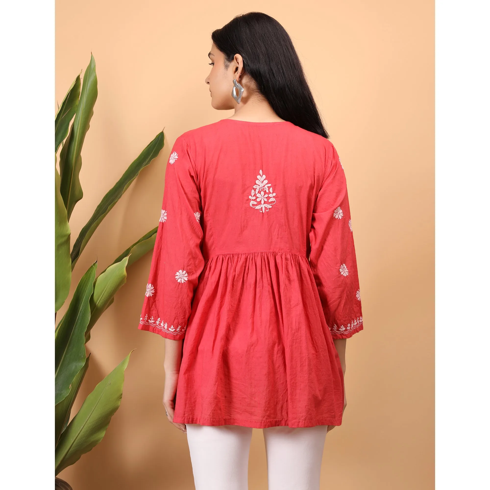 Shwet Women Red Chikankari Angarkha Top