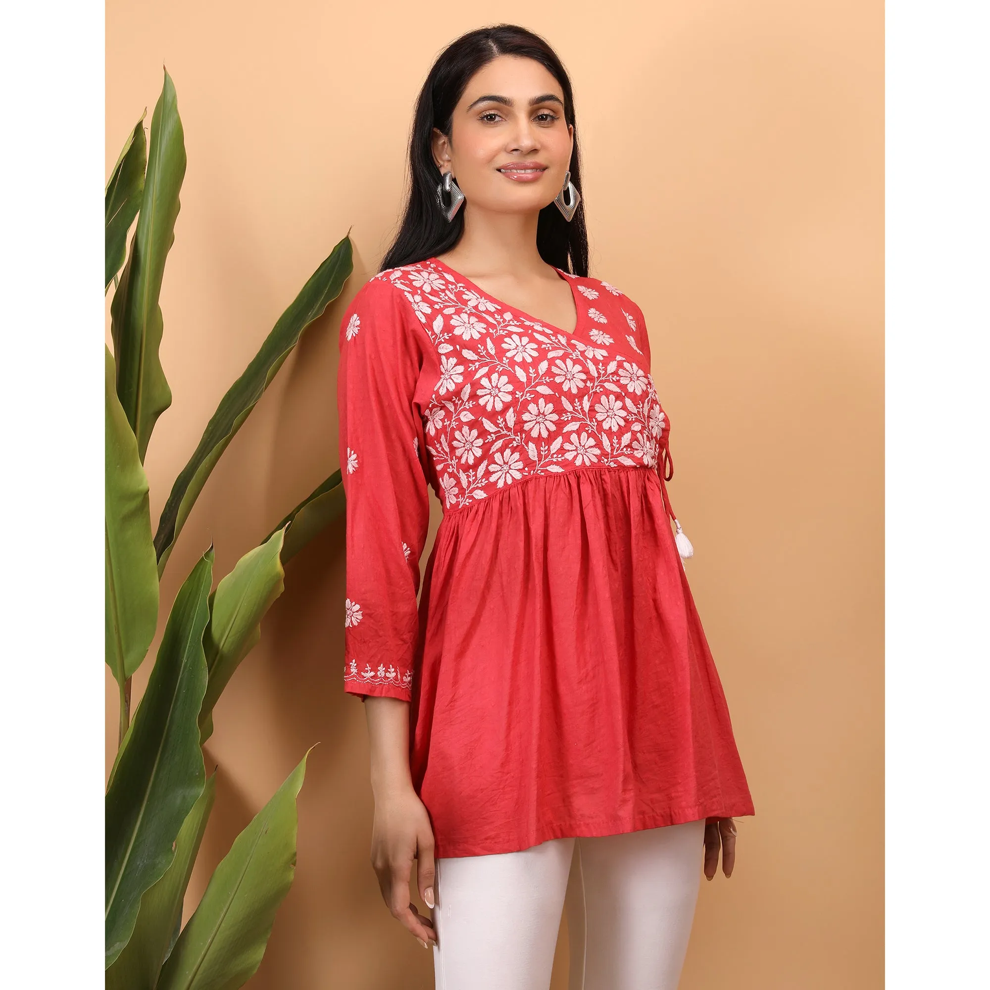 Shwet Women Red Chikankari Angarkha Top