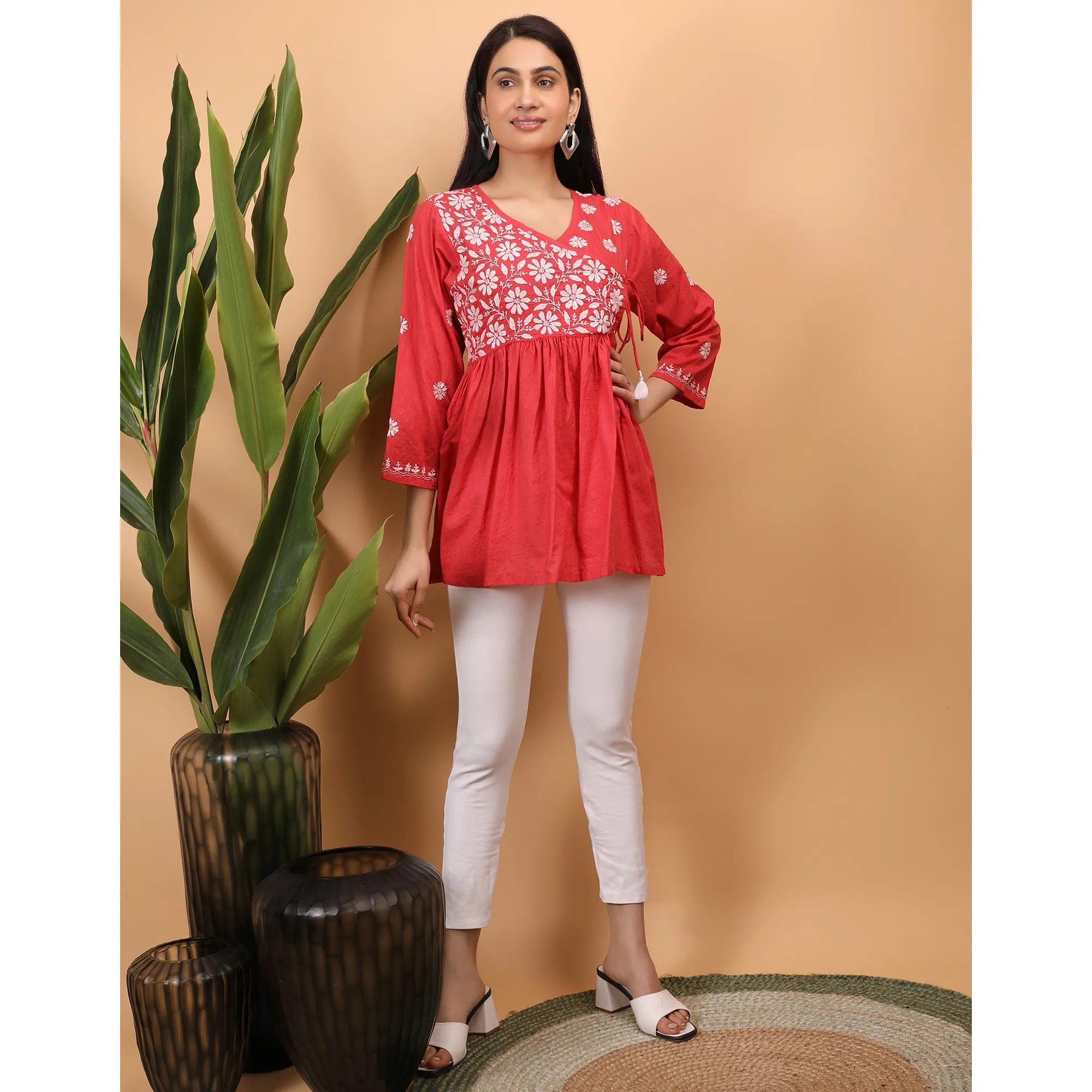 Shwet Women Red Chikankari Angarkha Top