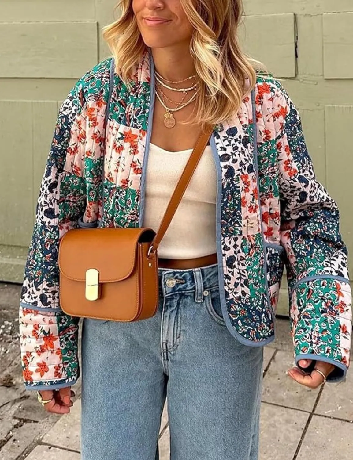 Women's Floral Quilted Jackets Cropped Reversible Open Front Lightweight Short Padded Puffer Coat