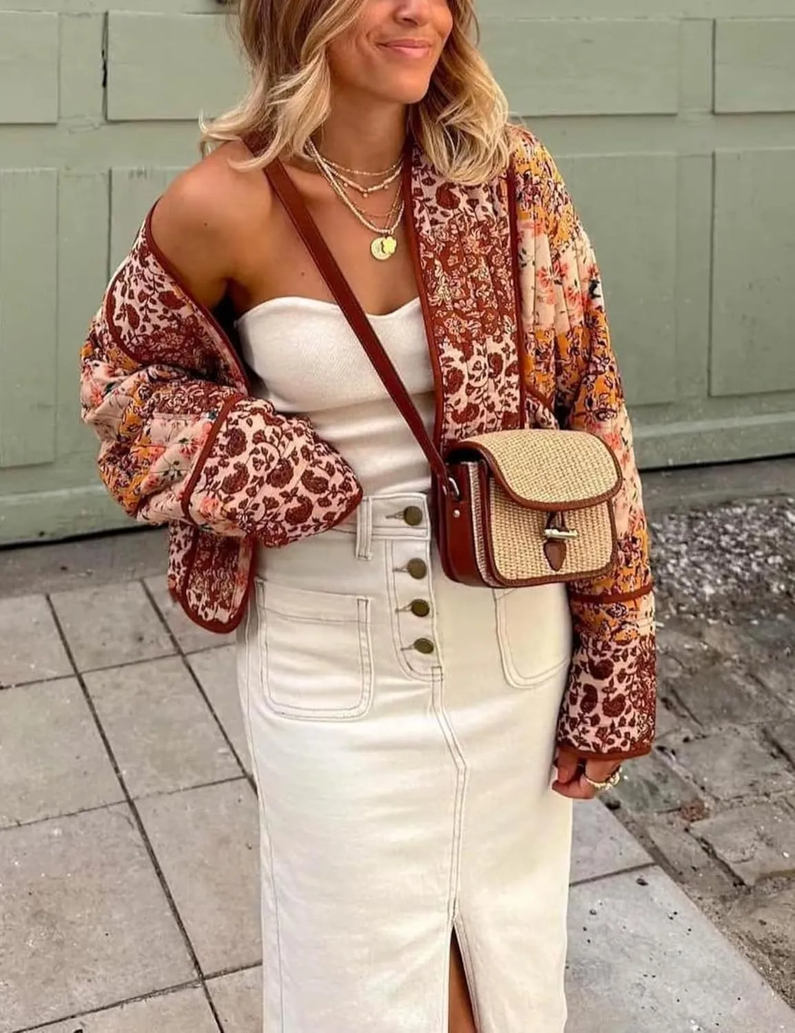 Women's Floral Quilted Jackets Cropped Reversible Open Front Lightweight Short Padded Puffer Coat