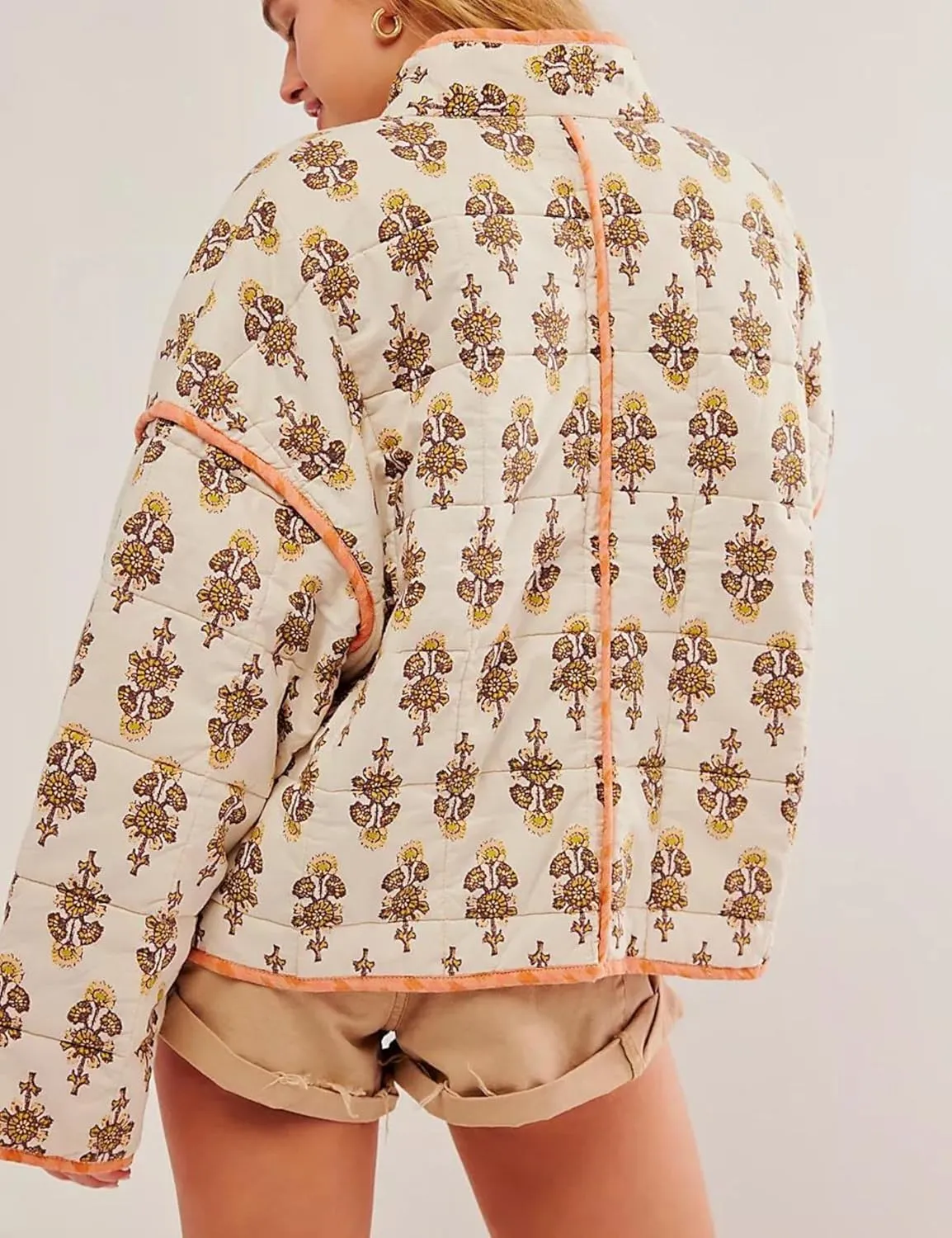 Women's Floral Quilted Jackets Cropped Reversible Open Front Lightweight Short Padded Puffer Coat
