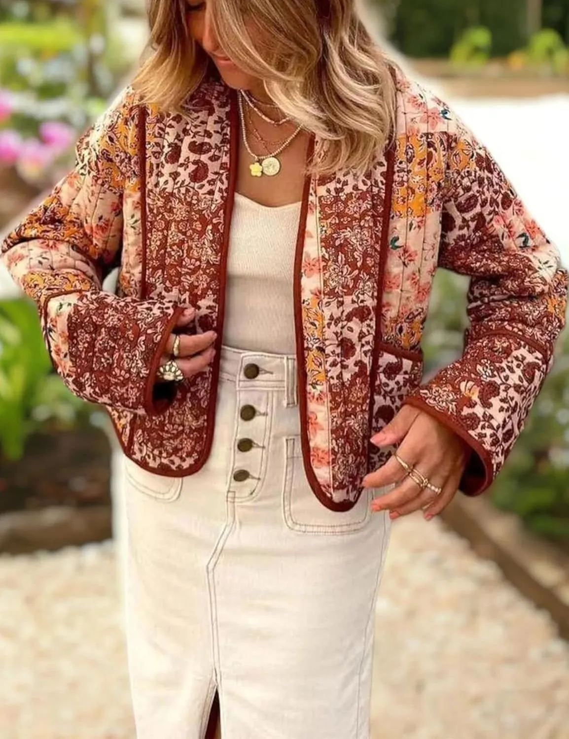 Women's Floral Quilted Jackets Cropped Reversible Open Front Lightweight Short Padded Puffer Coat