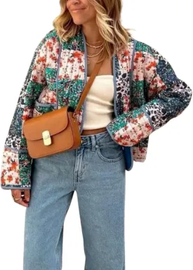 Women's Floral Quilted Jackets Cropped Reversible Open Front Lightweight Short Padded Puffer Coat