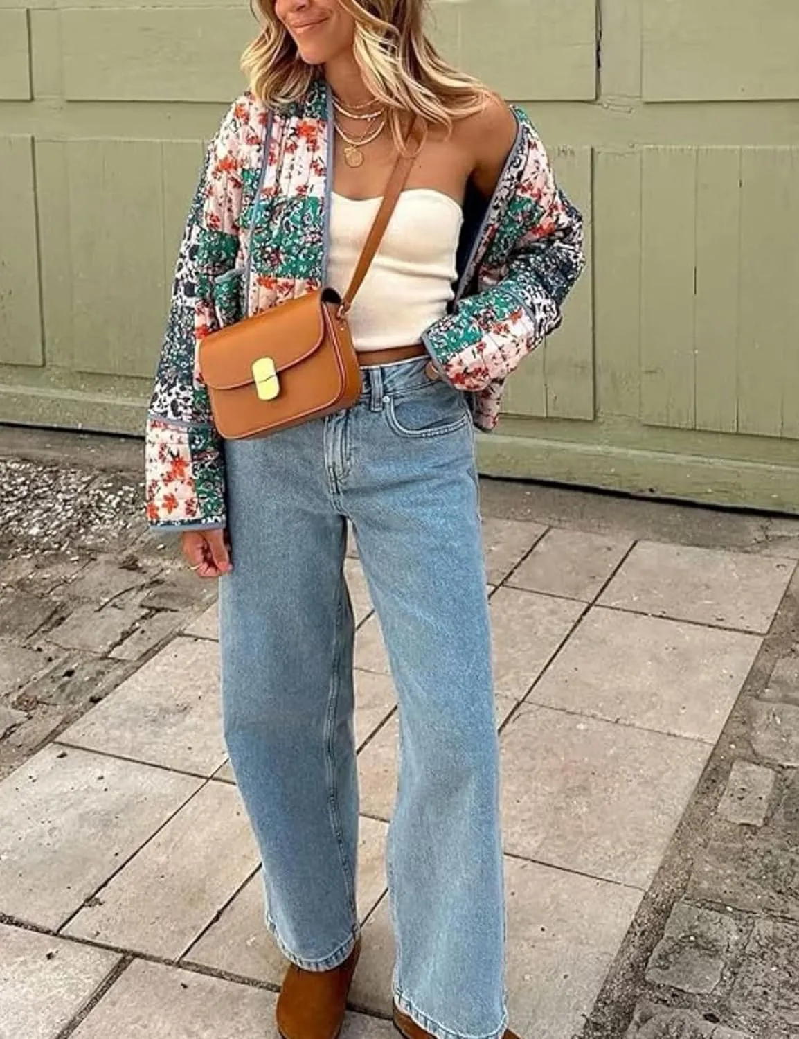Women's Floral Quilted Jackets Cropped Reversible Open Front Lightweight Short Padded Puffer Coat
