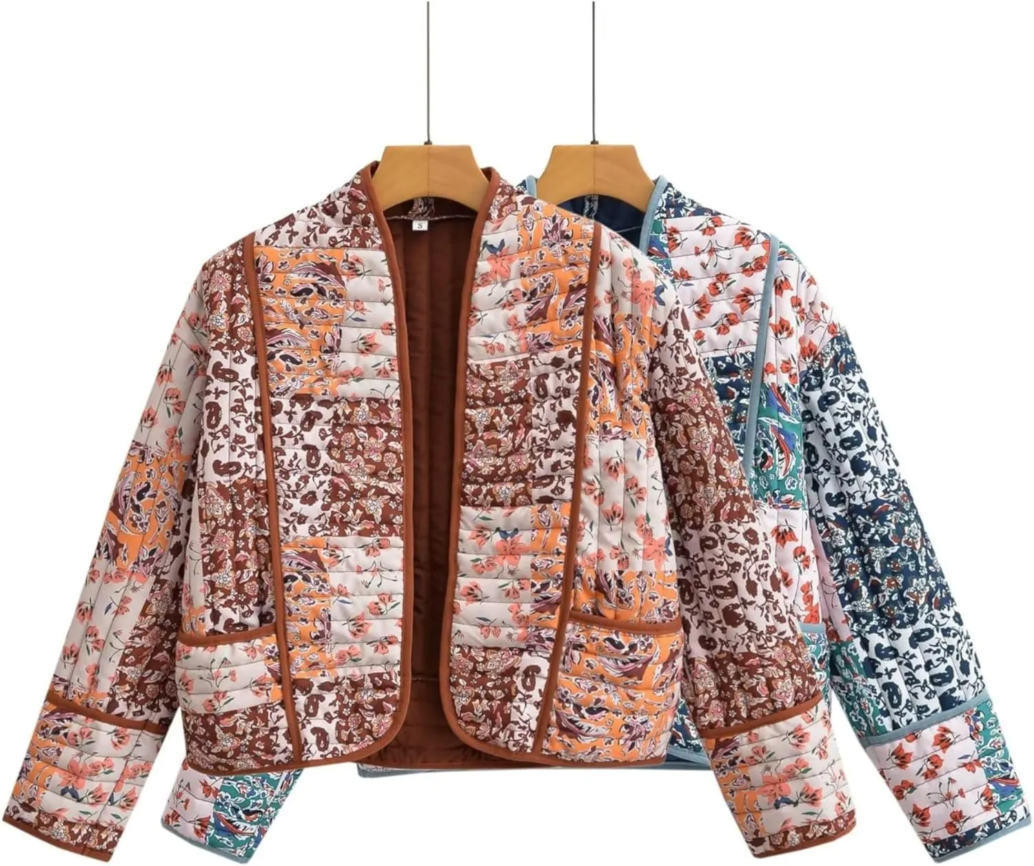 Women's Floral Quilted Jackets Cropped Reversible Open Front Lightweight Short Padded Puffer Coat