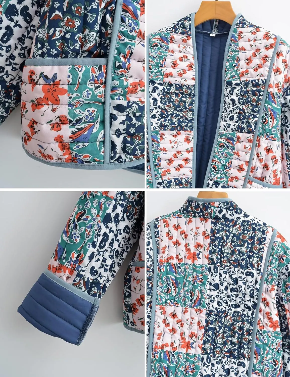 Women's Floral Quilted Jackets Cropped Reversible Open Front Lightweight Short Padded Puffer Coat
