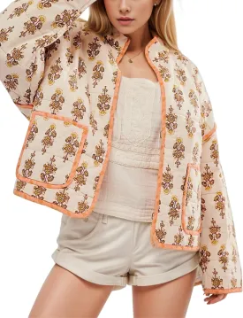 Women's Floral Quilted Jackets Cropped Reversible Open Front Lightweight Short Padded Puffer Coat