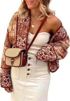 Women's Floral Quilted Jackets Cropped Reversible Open Front Lightweight Short Padded Puffer Coat