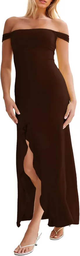 Women’s Off Shoulder Cocktail Dress Sexy Low Back Asymmetrical Ruffle Hem Club Beach Party Maxi Long Dress