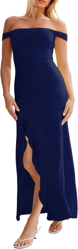 Women’s Off Shoulder Cocktail Dress Sexy Low Back Asymmetrical Ruffle Hem Club Beach Party Maxi Long Dress