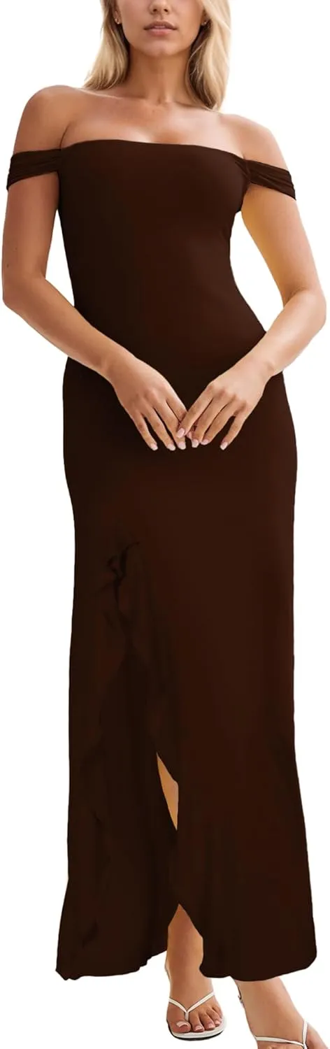 Women’s Off Shoulder Cocktail Dress Sexy Low Back Asymmetrical Ruffle Hem Club Beach Party Maxi Long Dress