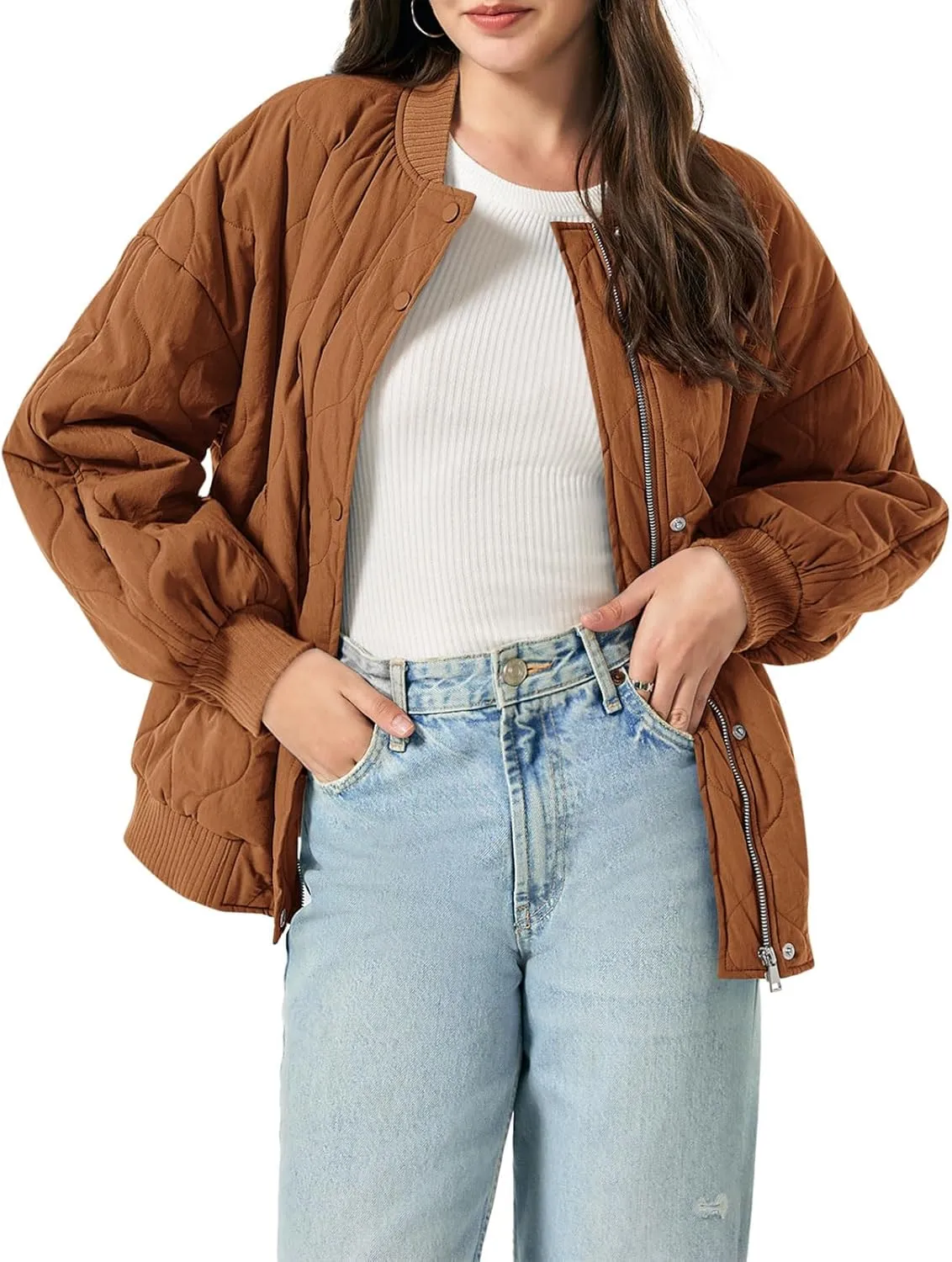 Yousify Winter Jackets for Women Fashion 2024 Casual Puffer Coat Zip Up Lightweight Short Jacket S-2XL