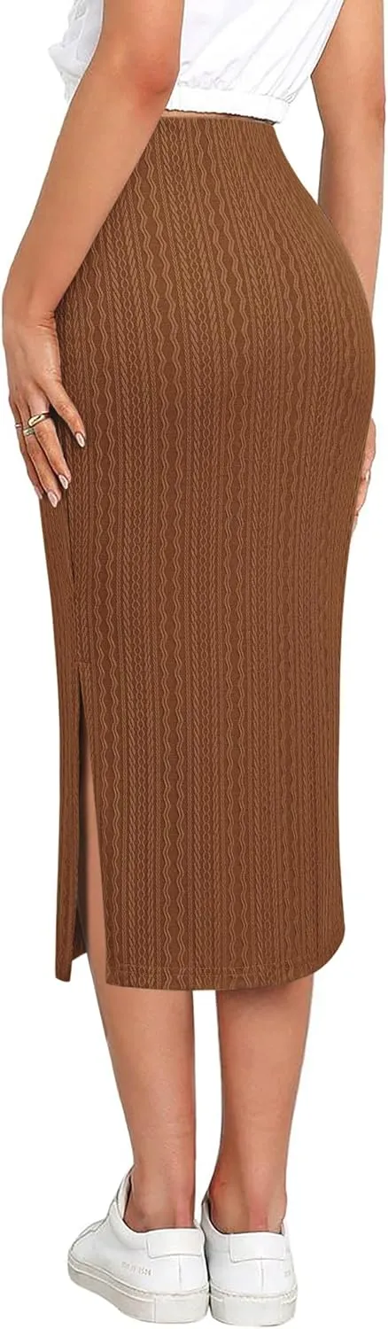 Zeagoo Womens Knit Midi Skirts Casual Pencil Skirt High Waisted Long Skirts with Slit Elegant Work Office Skirts