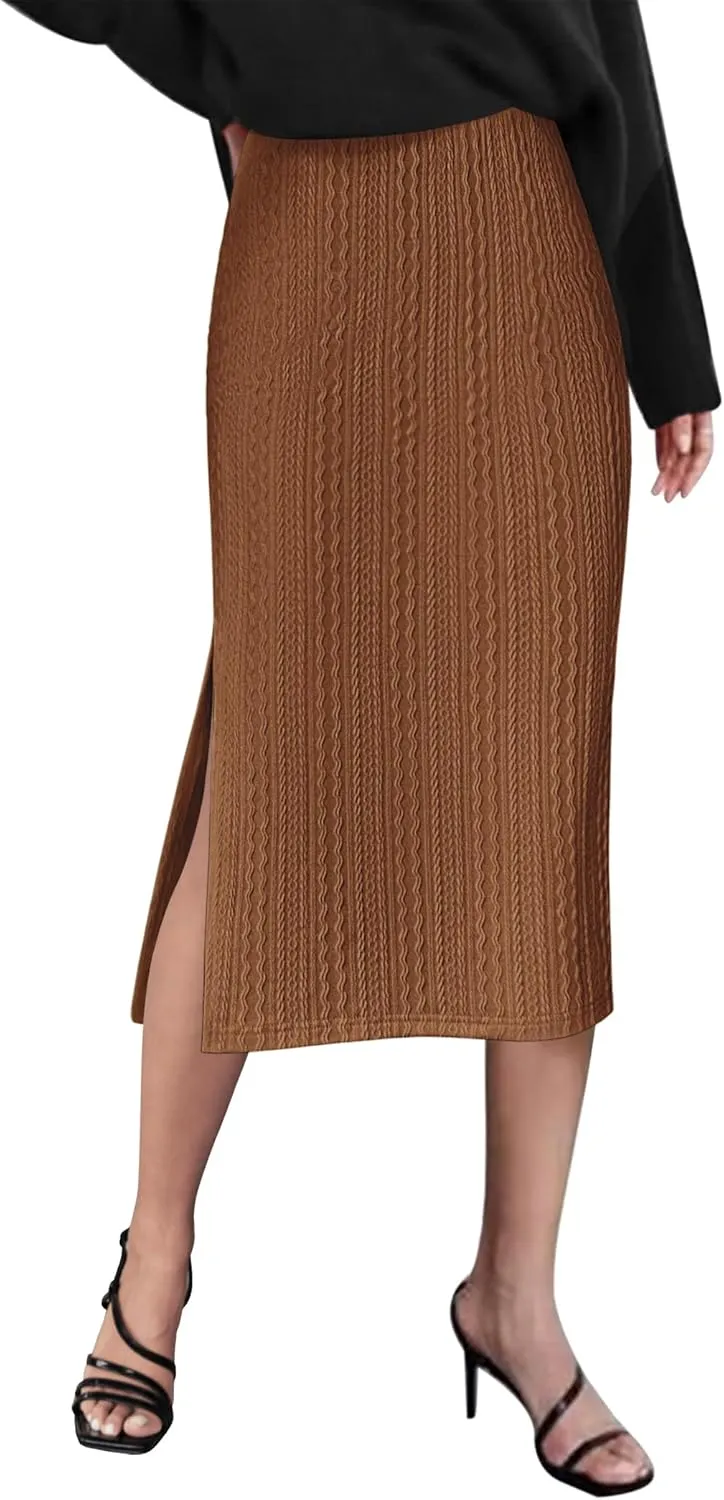 Zeagoo Womens Knit Midi Skirts Casual Pencil Skirt High Waisted Long Skirts with Slit Elegant Work Office Skirts