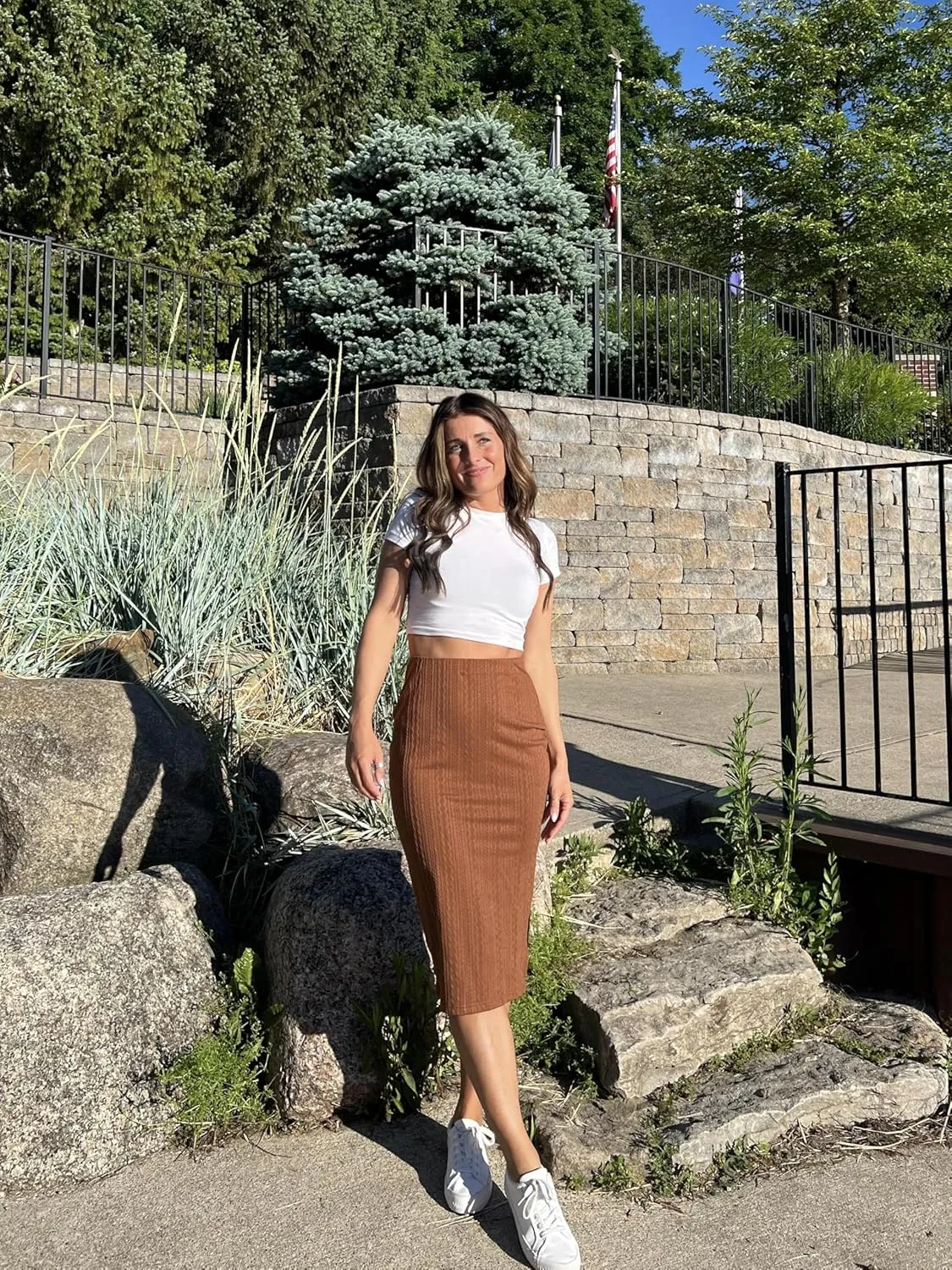 Zeagoo Womens Knit Midi Skirts Casual Pencil Skirt High Waisted Long Skirts with Slit Elegant Work Office Skirts