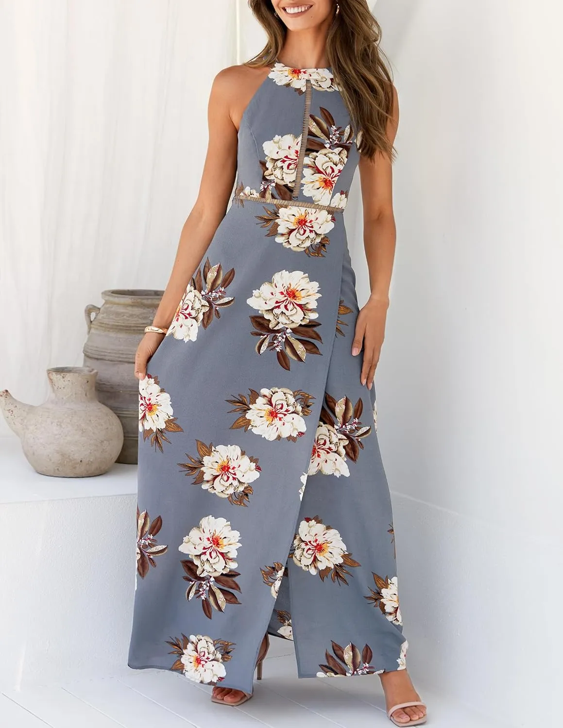 ZESICA Women's Summer Halter Neck Floral Print Backless Split Beach Party Maxi Dress