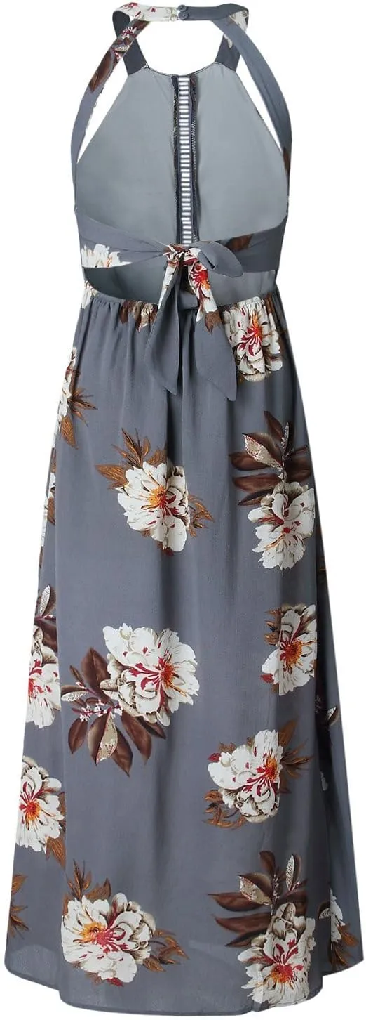 ZESICA Women's Summer Halter Neck Floral Print Backless Split Beach Party Maxi Dress