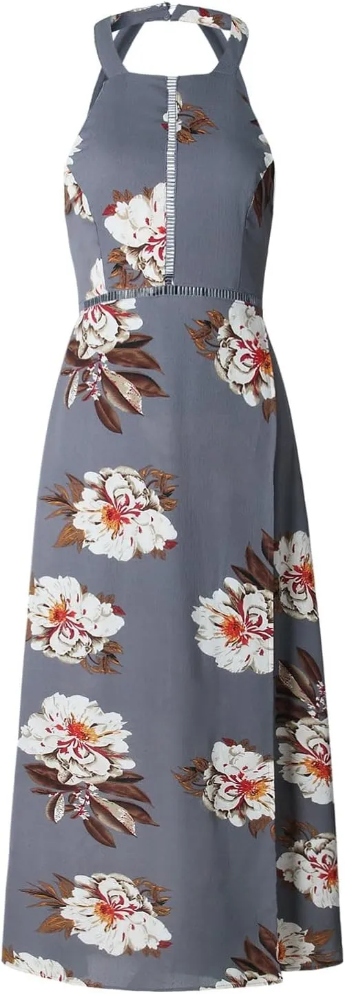 ZESICA Women's Summer Halter Neck Floral Print Backless Split Beach Party Maxi Dress