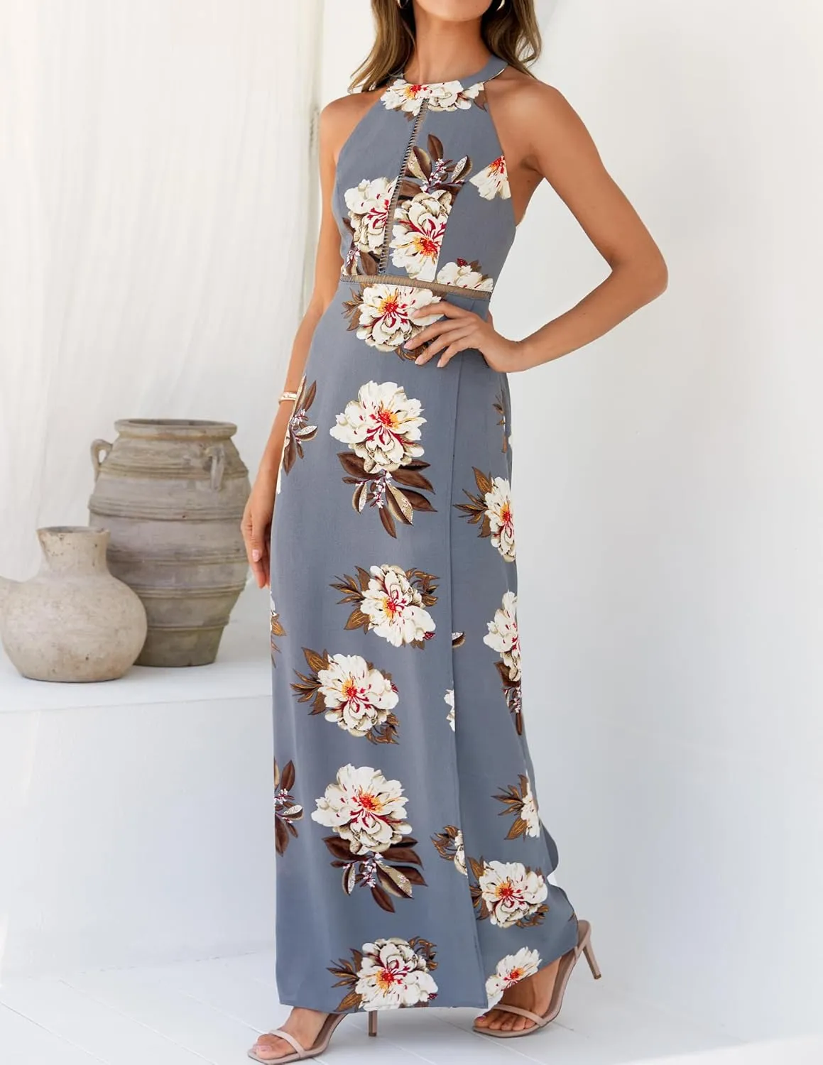 ZESICA Women's Summer Halter Neck Floral Print Backless Split Beach Party Maxi Dress
