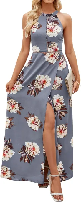 ZESICA Women's Summer Halter Neck Floral Print Backless Split Beach Party Maxi Dress