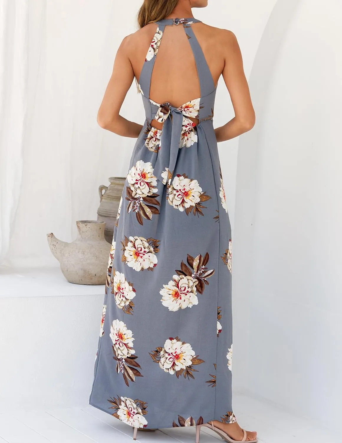 ZESICA Women's Summer Halter Neck Floral Print Backless Split Beach Party Maxi Dress