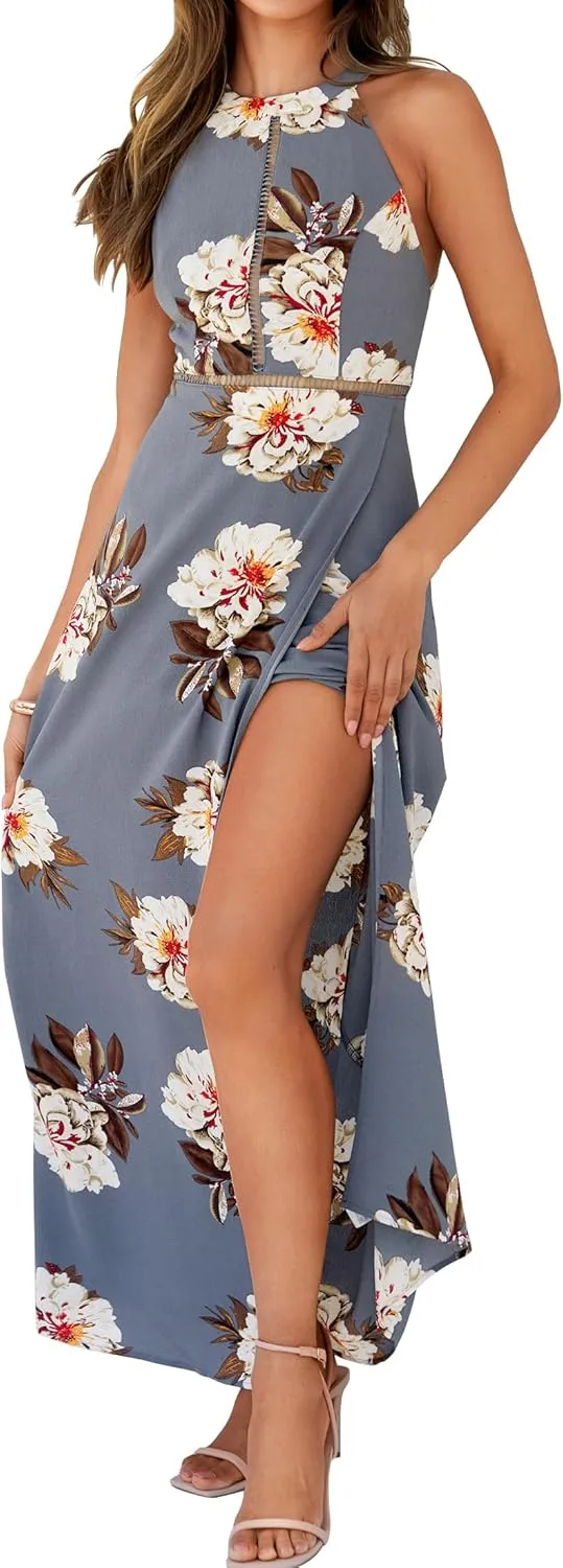ZESICA Women's Summer Halter Neck Floral Print Backless Split Beach Party Maxi Dress