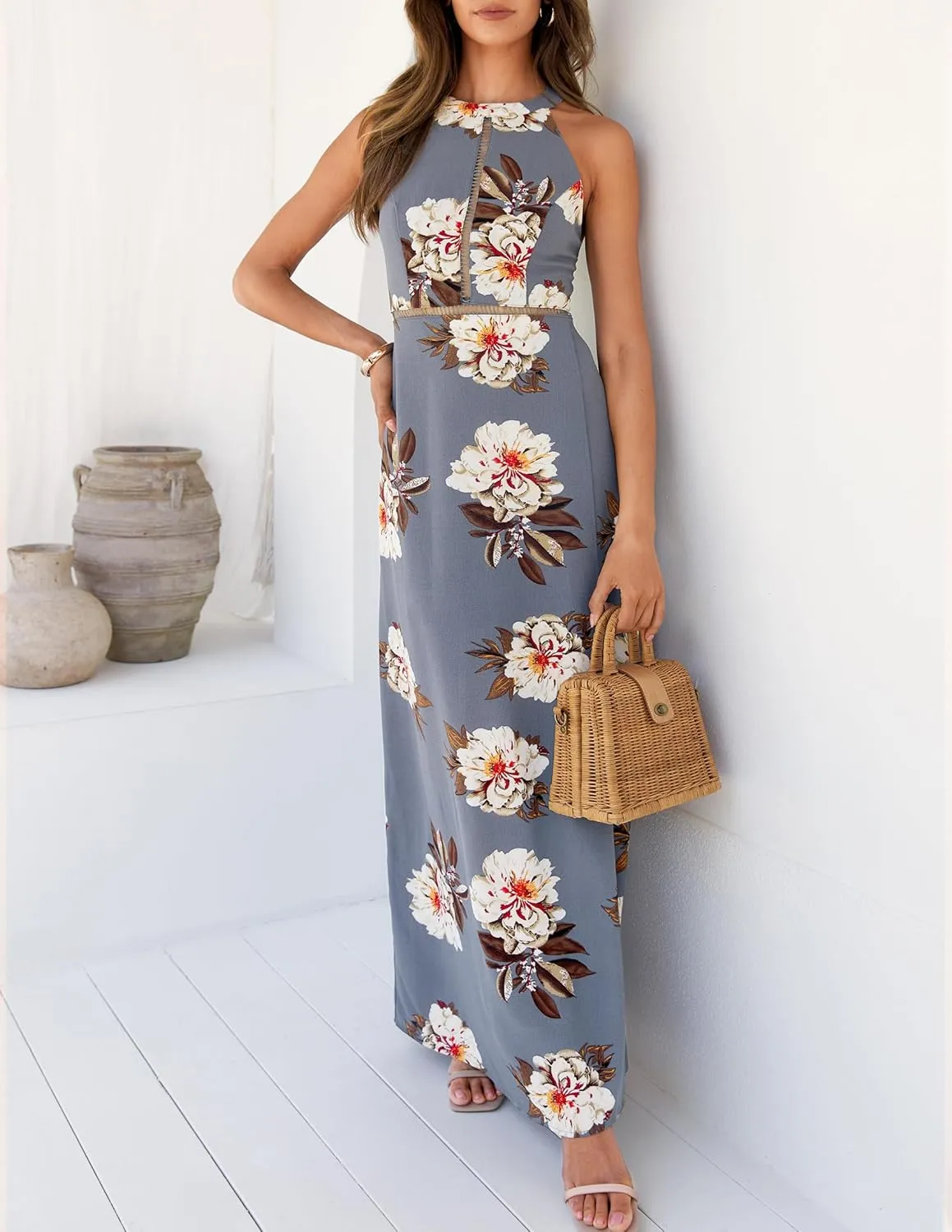 ZESICA Women's Summer Halter Neck Floral Print Backless Split Beach Party Maxi Dress